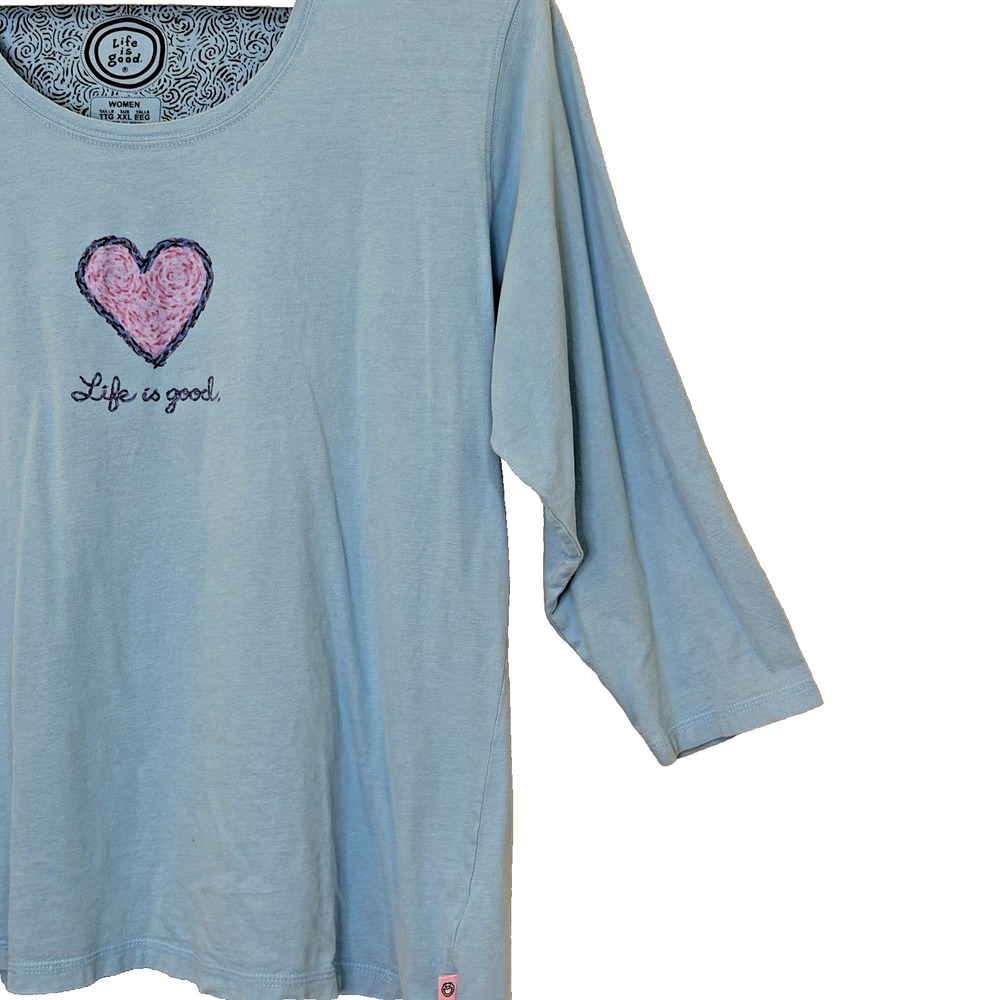 Life is Good T-Shirt Womens Size XXL Blue Heart 3/4 Sleeve Scoop Neck Cotton - Picture 3 of 10